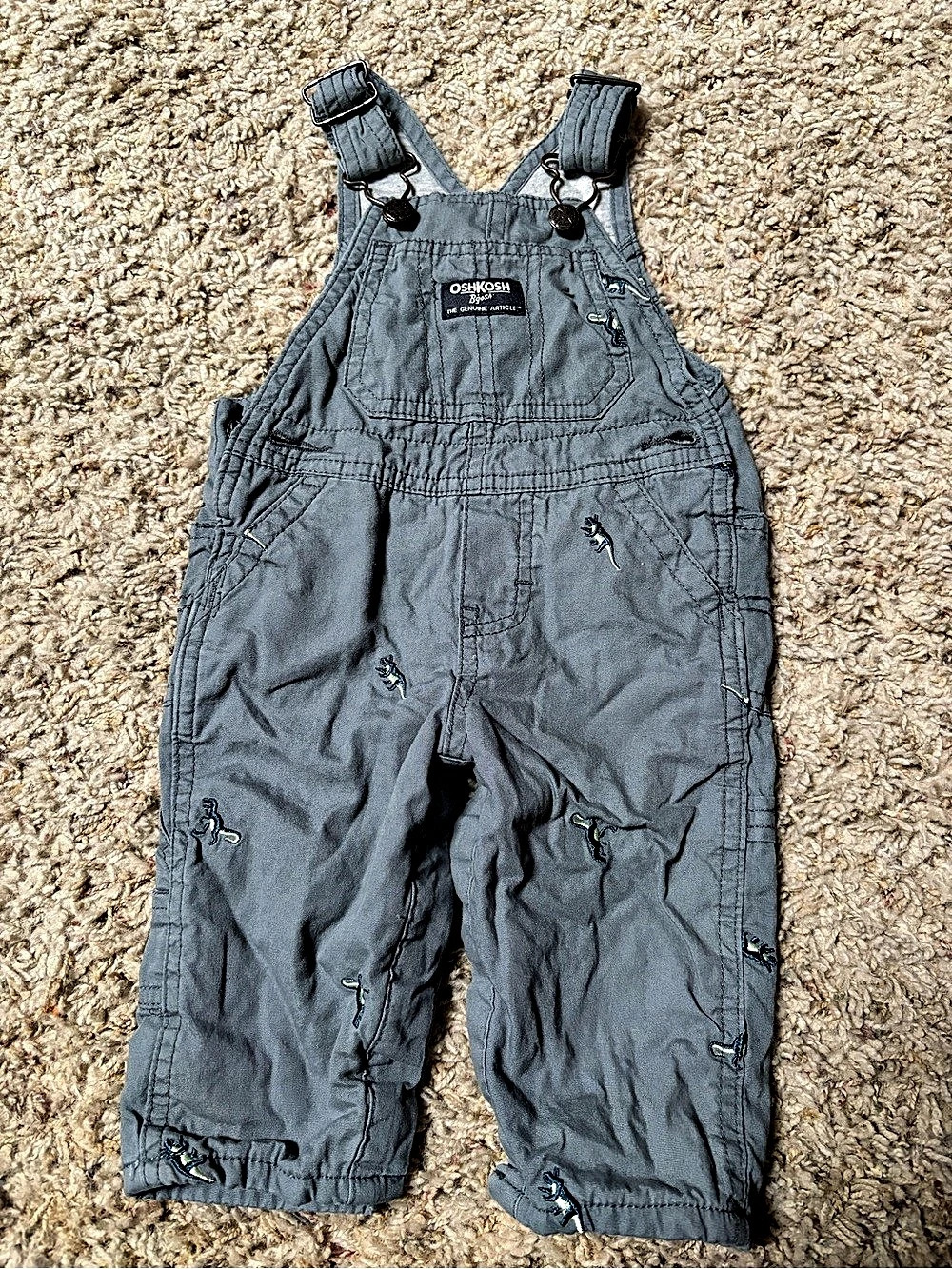 OshKosh B'gosh Dinosaur Embroidered Canvas Overalls Gray Baby 6M